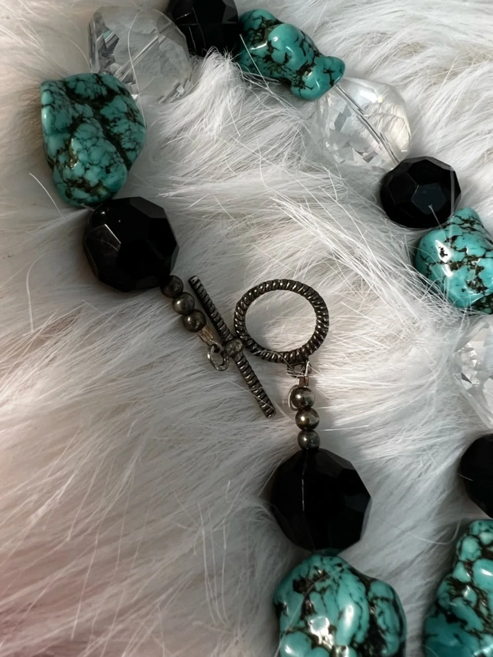 Turquoise Nugget Statement Necklace Chunky Crystal Black Faceted Beads Boho VTG